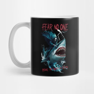 Fear No One Design: Grim Reaper Riding a Shark with Dark Ocean Waves Mug